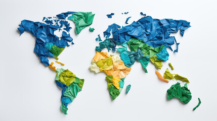 Paper world map made of colorful crumpled paper on white background