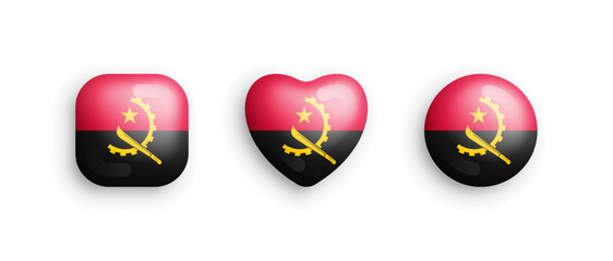 Angola Official National Flag 3D Vector Glossy Icons In Rounded Square, Heart And Circle Form Isolated On White Back. Angolan Sign And Symbols Graphic Design Elements Volumetric Buttons Collection