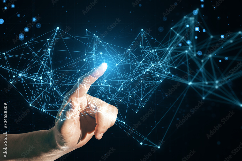 Poster innovative hand gesture towards a virtual connection network, illustrating internet technology and d