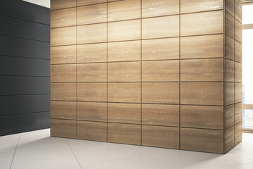 Wooden textured gallery wall with blank space for mockups, contrasted by dark panels. Design concept. 3D Rendering