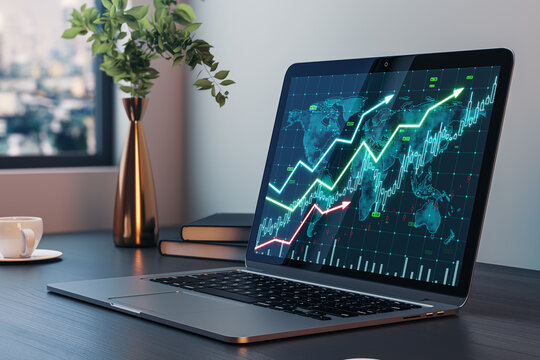 Close up of designer desktop with coffee cup, vase and growing forex chart on laptop screen. Concrete wall and window with city view background. Financial growth and success concept. 3D Rendering.