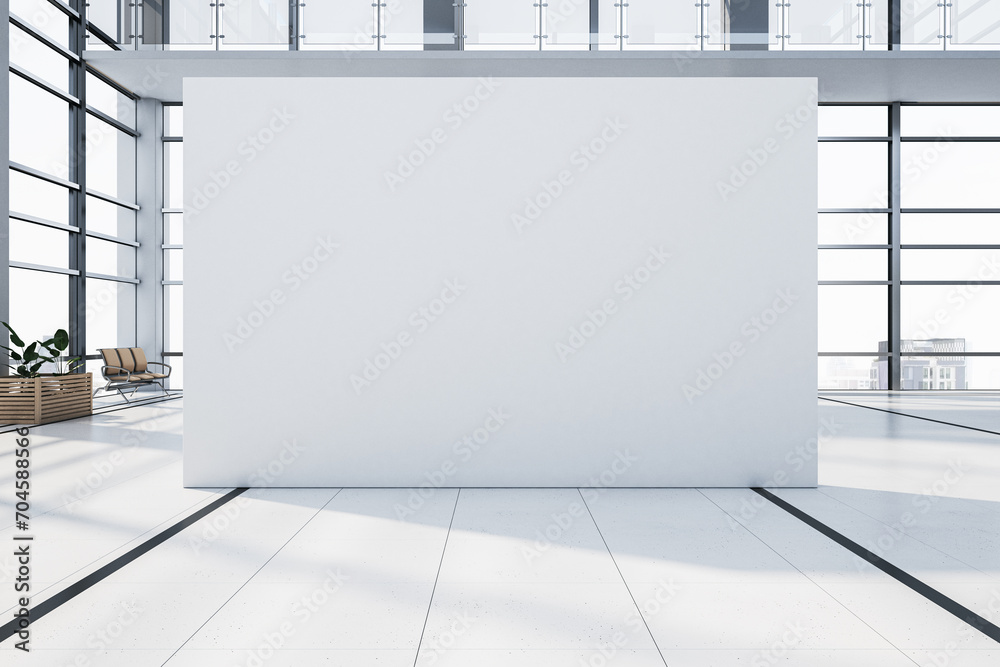Poster modern airport waiting area interior with empty mock up poster, panoramic windows and city view, cha