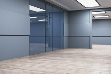 Clean corridor interior with glass doors and wooden flooring. 3D Rendering.