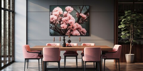 Modern stylish dining room adorned with floral decor