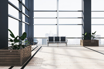 Clean airport waiting area interior with wooden flooring, panoramic windows and city view, chairs and plants. 3D Rendering.