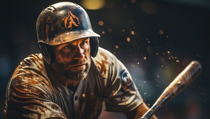 A determined man with his game face on, armed with a baseball bat and ready to take on the competition while protected by his trusty helmet and accompanied by his favorite tunes