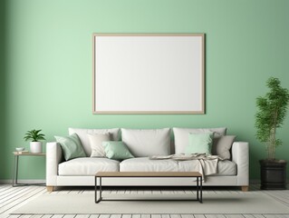 Capture the essence of a tropical paradise living room with a refreshing mint green wall and a blank mockup frame.