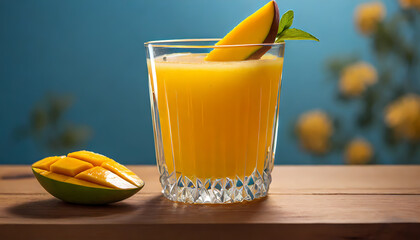 side view of a beautifully presented glass of homemade mango lemonade