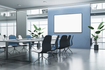 Contemporary blue, concrete and glass meeting room interior with empty white mock up banner, furniture and partitions. Workplace concept. 3D Rendering.