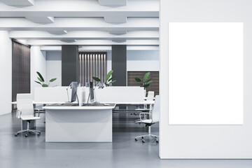 Modern concrete and white coworking office interior with empty white mock up banner on wall and furniture. 3D Rendering.