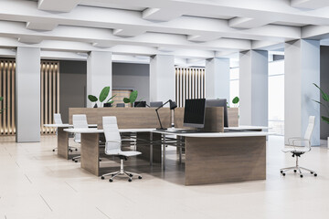 New wooden and concrete coworking office interior with furniture. 3D Rendering.