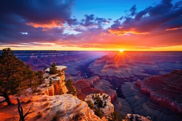 A stunning view of the sun setting over the Grand Canyon, illuminating its awe-inspiring landscape with a golden glow, A panoramic view of the Grand Canyon at sunset, AI Generated