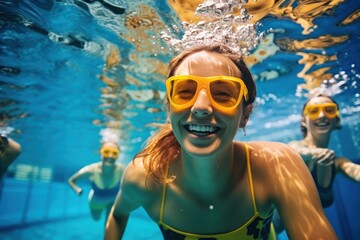 A portrait of a young girl in underwater goggles, enjoying a fun and active swim.