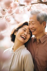 A loving Chinese mature couple enjoying closeness and laughter in a blooming park.