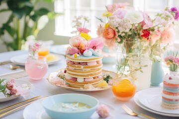 Fototapeta na wymiar A table featuring a stack of cake accompanied by a vase filled with colorful flowers, A pastel themed Motherâ€™s Day brunch, AI Generated