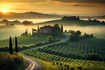 A stunning image capturing the setting sun casting a warm glow over the beautiful rolling hills, A peaceful countryside in Tuscany during sunrise, AI Generated