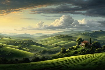 Fototapeta premium A beautiful painting showcasing a green landscape with a solitary house perched on top of a hill, A peaceful countryside with rolling hills and a solitary farmhouse, AI Generated