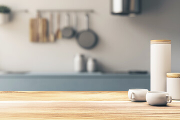 Minimalistic kitchen with wooden tabletop and neutral tones. Product staging area concept. 3D Rendering - obrazy, fototapety, plakaty