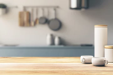 Foto op Canvas Minimalistic kitchen with wooden tabletop and neutral tones. Product staging area concept. 3D Rendering © Who is Danny
