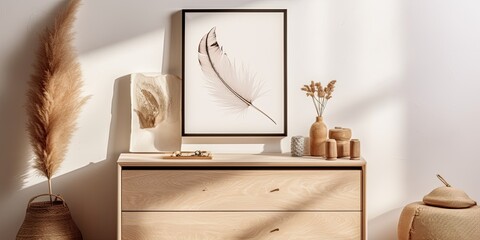 Scandinavian home decor with wooden commode, mockup poster map, vase with feather and personal accessories.