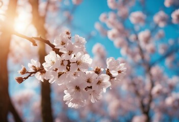 Beautiful blurred spring background nature with blooming glade trees and blue sky on a sunny day