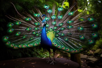 Obraz premium A stunning peacock proudly displays its vibrant feathers while perched on a rocky surface, A peacock showing its beautiful plumage in a courtship dance, AI Generated