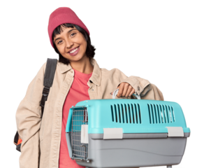 Young Hispanic woman ready for travel with pet carrier excited keeping ok gesture on eye.