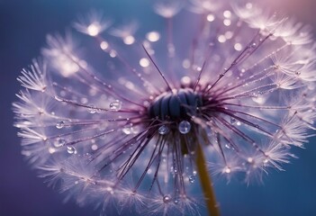 Beautiful dew drops on a dandelion seed macro Beautiful soft light blue and violet background Water