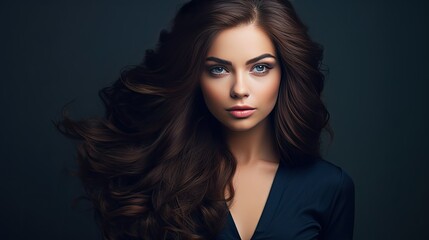 Beautiful female face with powerful silky hair and chic hairstyle. Perfect image of a beautiful brunette woman. Feminine image of natural beauty. Illustration for beauty and fashion magazine.