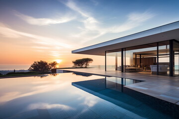 Modern villa with infinity pool and stunning sea view - obrazy, fototapety, plakaty