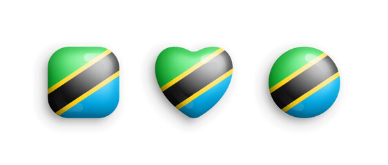Tanzania Official National Flag 3D Vector Glossy Icons In Rounded Square, Heart And Circle Form Isolated On White Back. Tanzanian Sign And Symbols Graphic Design Elements Volumetric Buttons Collection