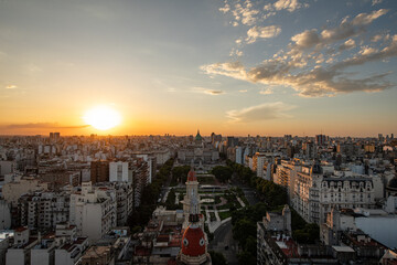Panorama view on Buenos Aires during sunset showing the senate square with the congress hall,...