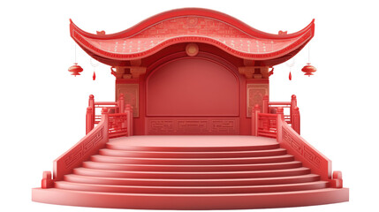 Small Red Chinese pavilion podium for product display isolated on transparent background. Design for Chinese New Year celebration, advertising or product presentation, banner, flyer.