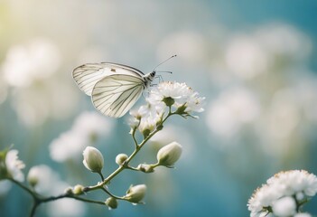 Beautiful white butterfly on white flower buds on a soft blurred blue background spring or summer