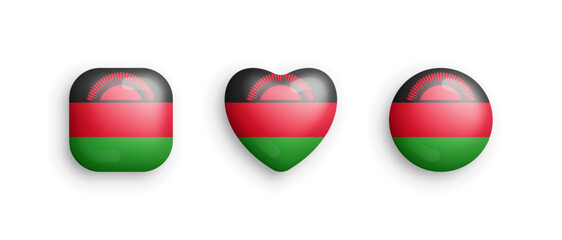 Malawi Official National Flag 3D Vector Glossy Icons In Rounded Square, Heart And Circle Form Isolated On White Back. Malawian Sign And Symbols Graphic Design Elements Volumetric Buttons Collection