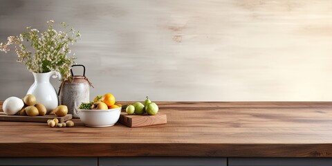 Fototapeta na wymiar Wooden table top in a kitchen setting, ideal for product display or food photography.
