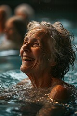 A photo of an elderly group in a water aerobics class, laughing and enjoying the exercise