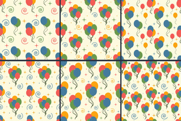 Fototapeta na wymiar Set of colorful balloons with seamless patterns. Hand drawn doodles for birthday, holiday or anniversary. Balloons. Vector illustration.