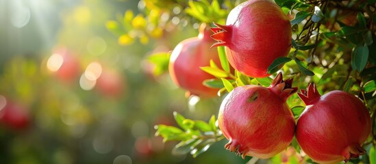 Beautiful ripe pomegranates in an autumn garden.