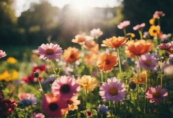 Colorful beautiful flowers spring summer in Sunny garden in sunlight on nature outdoors