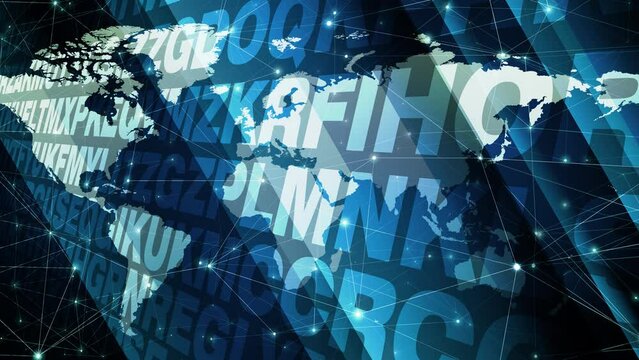Letter chaos and typography pattern educational concept of modern art and design inspiration using random alphabet letters on world map for encrypted messaging and visual communication