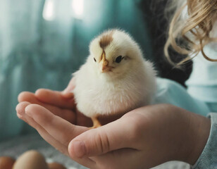 Cute little chicken in hands