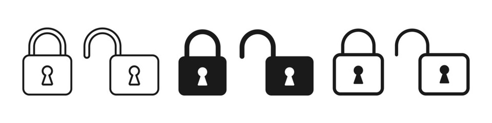 Lock icon set. Lock and Unlock in line and flat style. Vector illustration