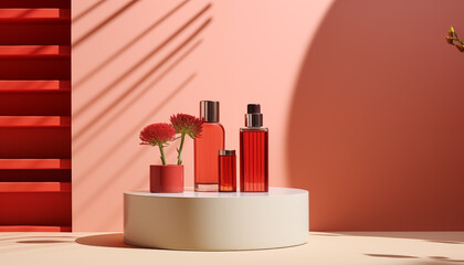 demonstration of cosmetics on the catwalk in red colors. Geometric minimal stage, podium design for showcasing cosmetics or products