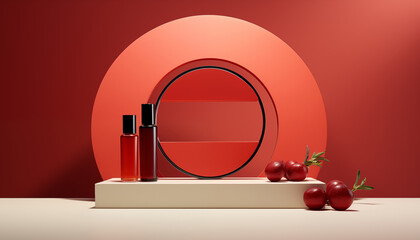 demonstration of cosmetics on the catwalk in red colors. Geometric minimal stage, podium design for showcasing cosmetics or products