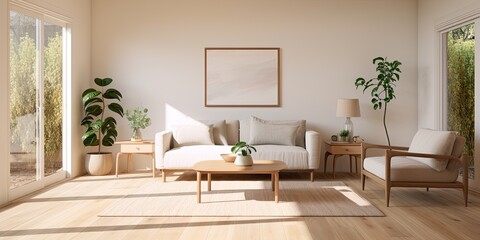 Light fabric, raw wood center table, and light wood flooring in the living room with a two-seater sofa.