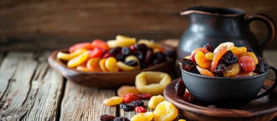 Selected focus on compote of dried fruits in jug and mug, and assorted dried fruits in bowl on wooden table.