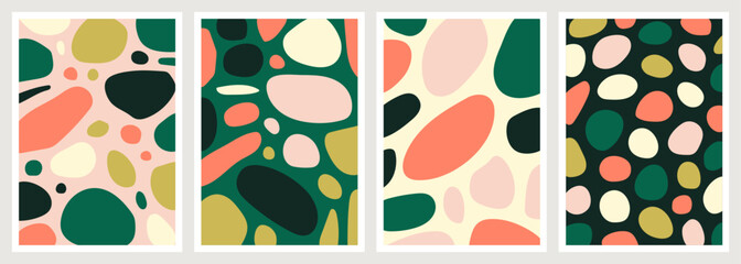 Hand drawn abstract colorful poster set. Modern wall art with organic ovoid shapes. Contemporary artworks with creative elements pattern. Interior decorations set. Colored flat vector illustrations.