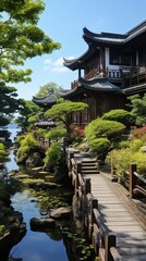 Fototapeta premium oriental lake house with bridge and pond