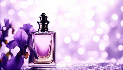 Perfume bottle and blurred iris fresh flowers on light bokeh background.Elite perfumery concept.
Generative AI. - obrazy, fototapety, plakaty